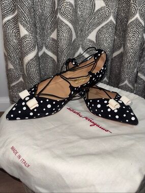 Salvatore Ferragamo Black Suede Polka Dot Lace-Up Bow Flats 10.5